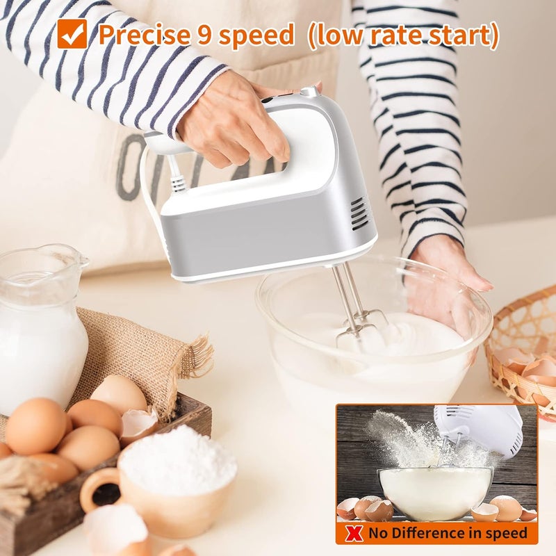 Yomelo 9-Speed Digital Hand Mixer Electric, 400W Powerful DC Motor, Hand Mixer Electric Handheld with Snap-On Storage Case, 5 Stainless Steel Accessories, Beaters, Dough Hooks, Whisk(Silvery White) - Image 4